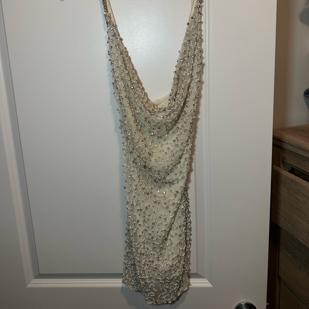 Retrofete Cream Beaded Backless Dress